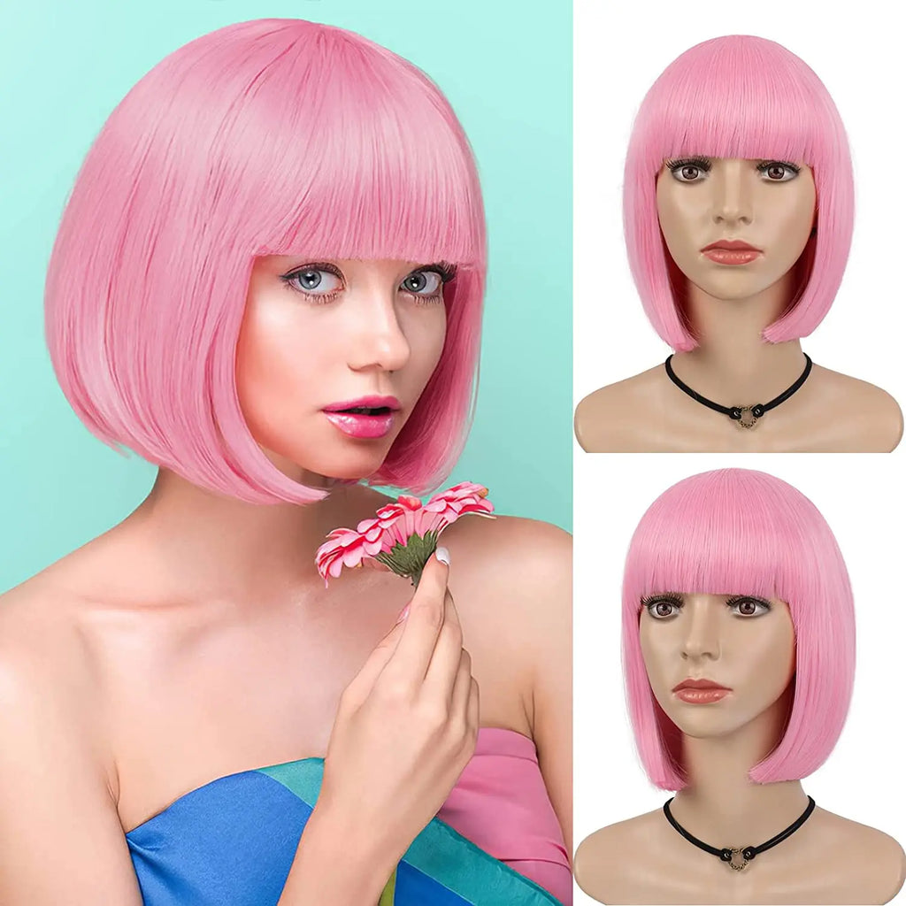 Synthetic 12 Inch Short Bob Black Wig With Bangs for Women