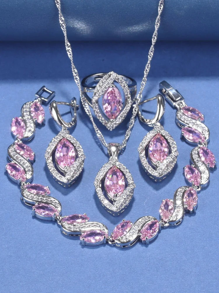 925 Silver Wedding Elegant Women Bridal Fine Jewelry With Natural Stone CZ Blue Bracelet Ring Earrings For Women Necklace Sets