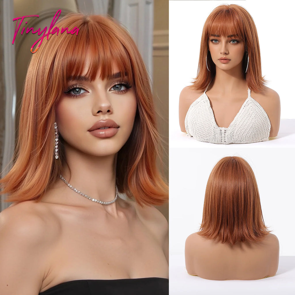 Light Brown Blonde Synthetic Wigs with Bangs for Women