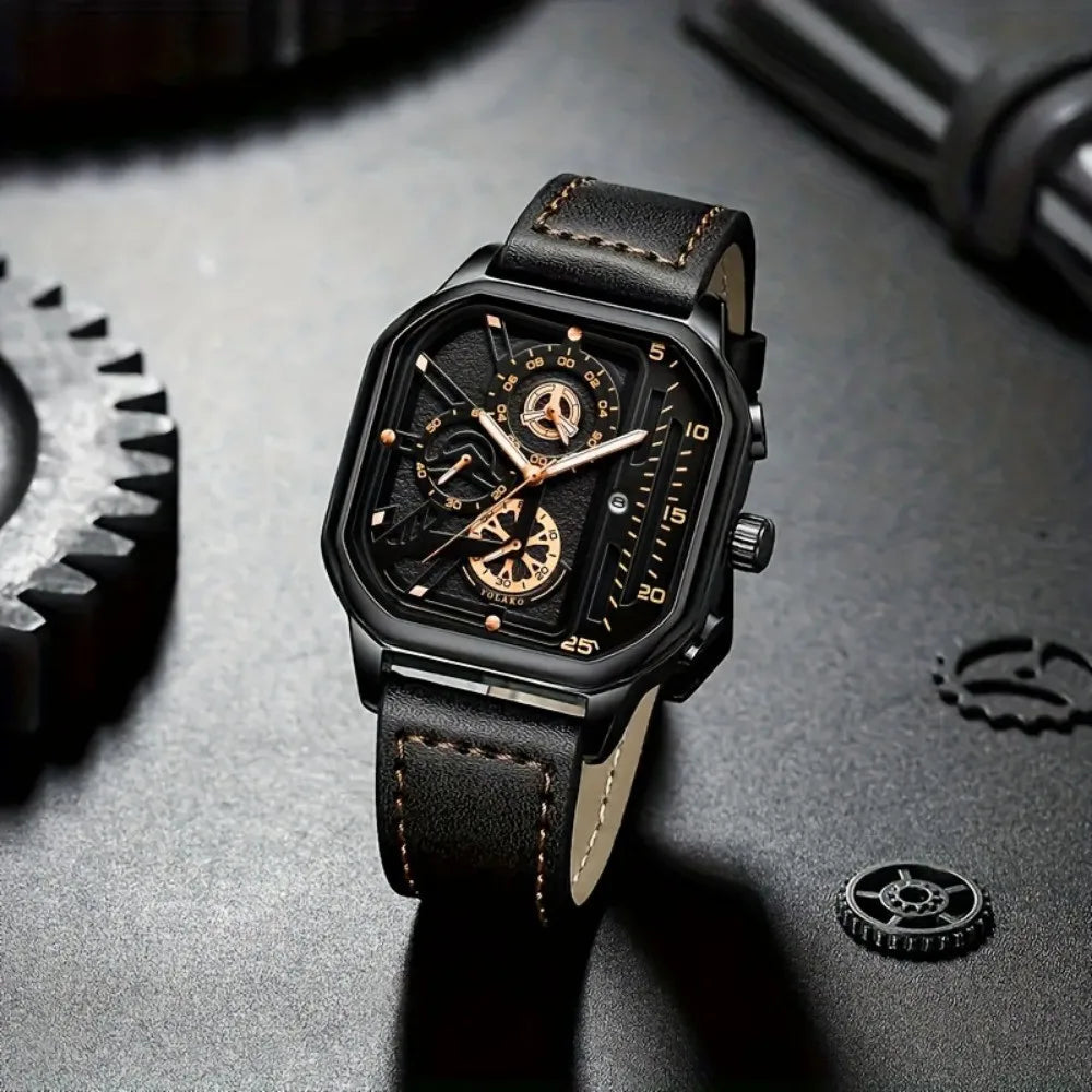 Luxury Big Dial Men Square Watch Casual PU Leather