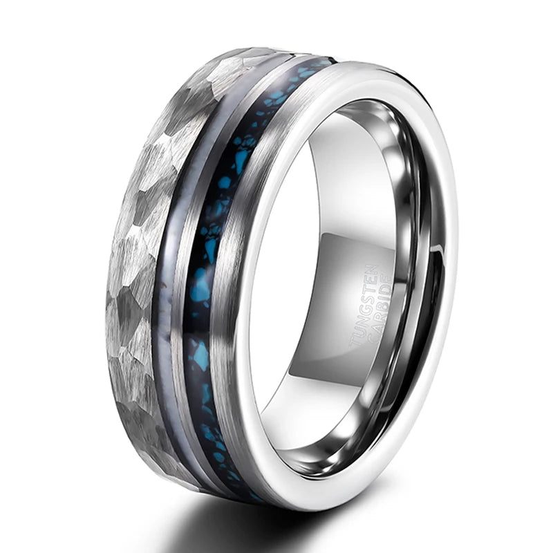 Tigrade 8mm Silver Color Tungsten Wedding Band Rings For Men Deel Antler and Crushed Turquoise Metal Inlay Groove Hammered Ring