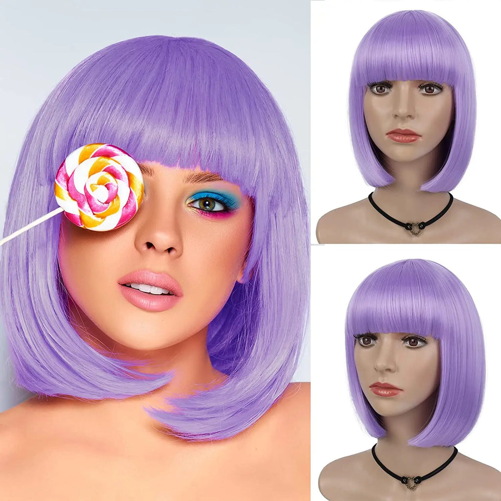 Synthetic 12 Inch Short Bob Black Wig With Bangs for Women