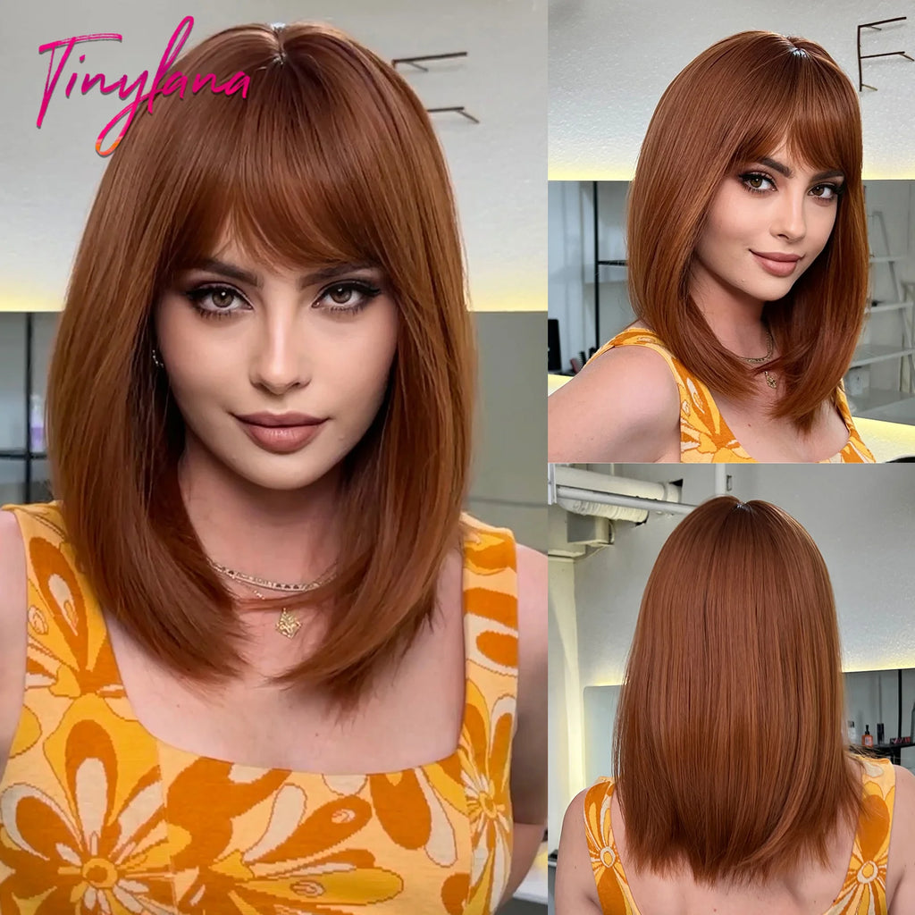 Light Brown Blonde Synthetic Wigs with Bangs for Women