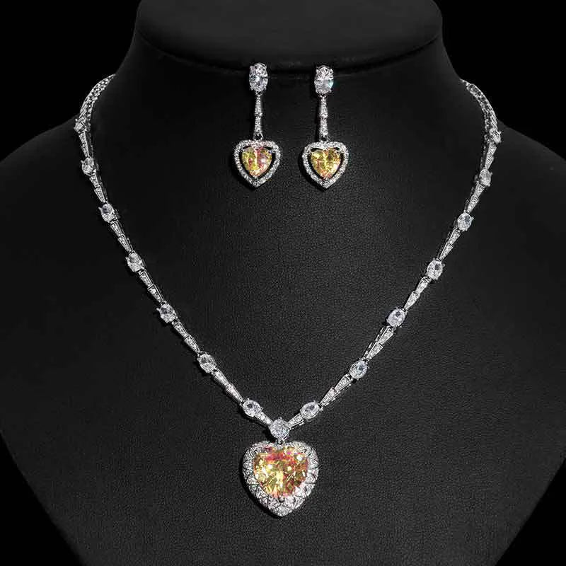 Foydjew 2023 New Trend European and American Fashion Pink Zircon Necklaces Heart-shaped Drop Earring Ring Jewelry Sets For Women