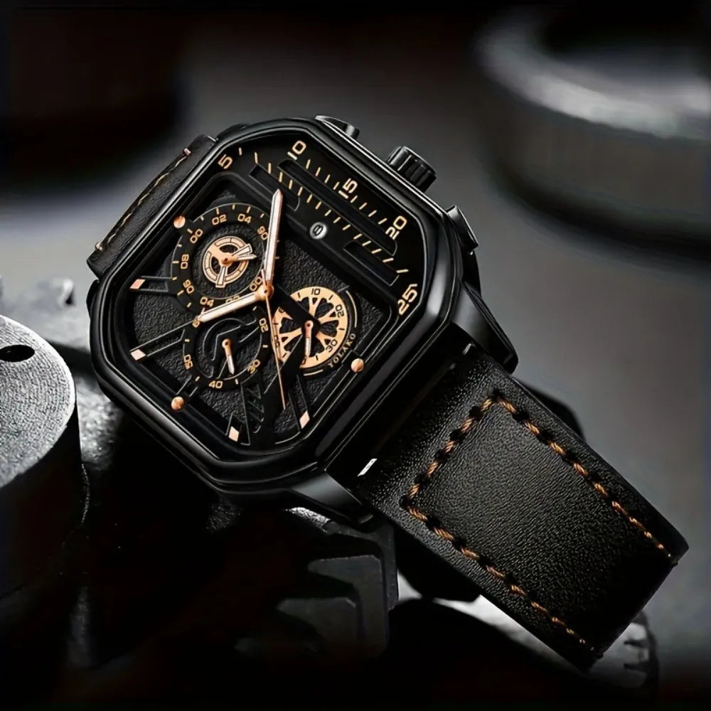 Luxury Big Dial Men Square Watch Casual PU Leather