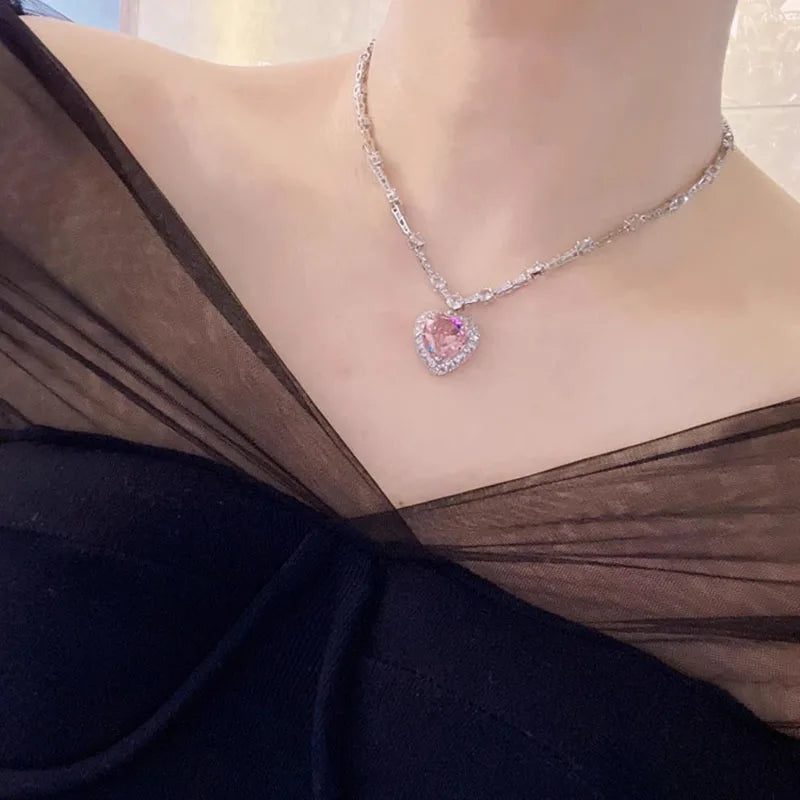 Foydjew 2023 New Trend European and American Fashion Pink Zircon Necklaces Heart-shaped Drop Earring Ring Jewelry Sets For Women