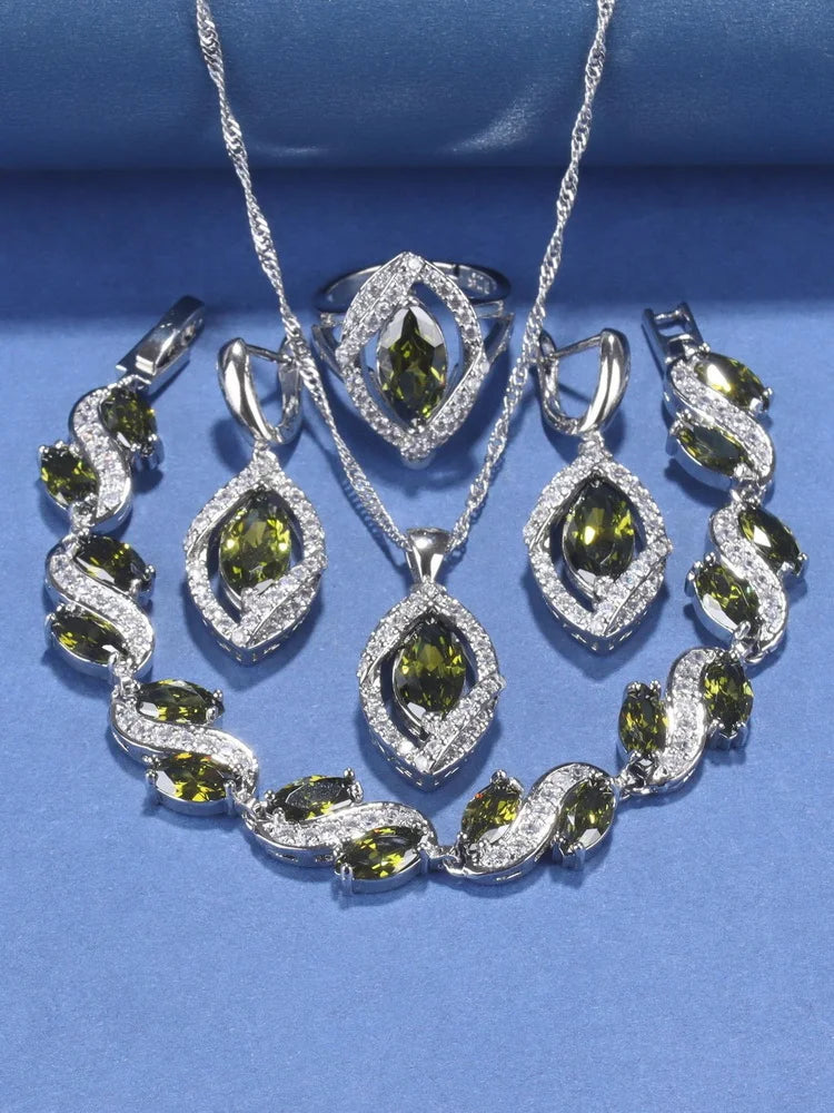 925 Silver Wedding Elegant Women Bridal Fine Jewelry With Natural Stone CZ Blue Bracelet Ring Earrings For Women Necklace Sets