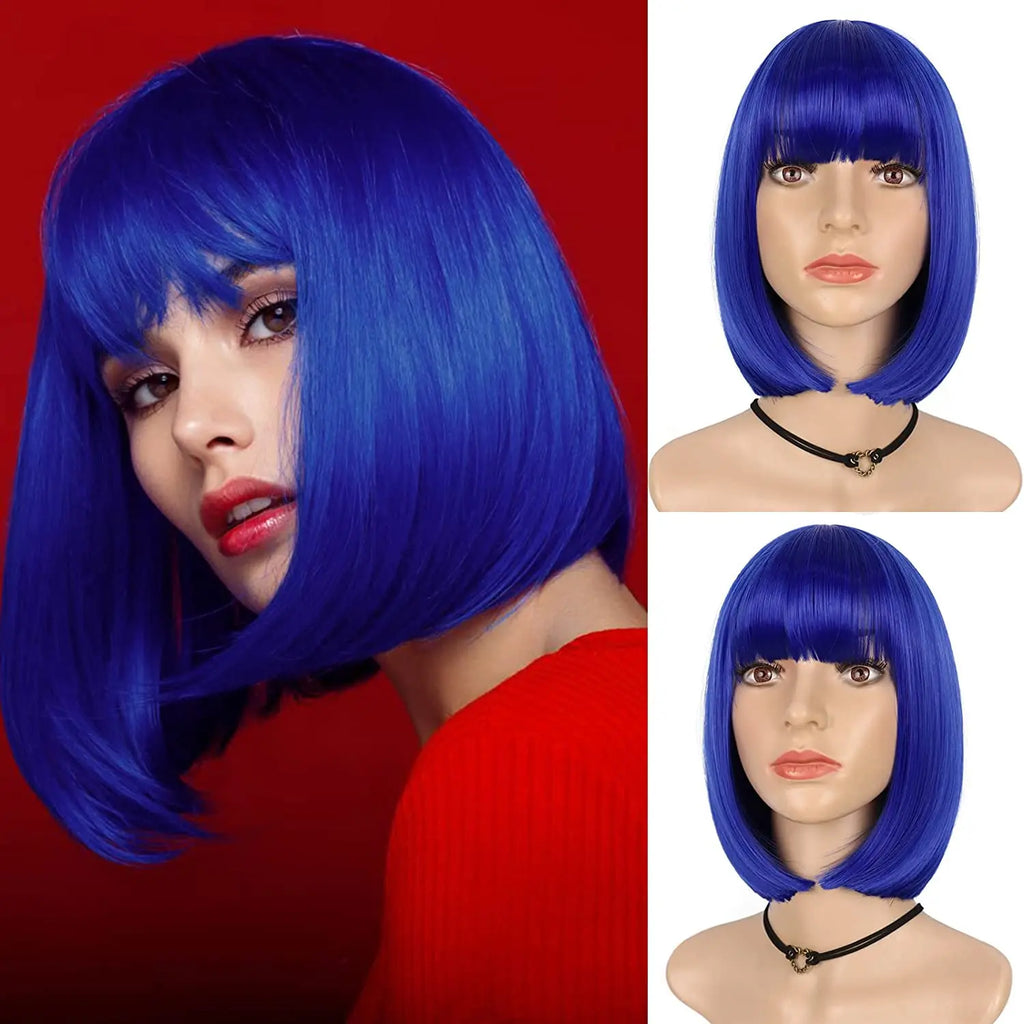 Synthetic 12 Inch Short Bob Black Wig With Bangs for Women