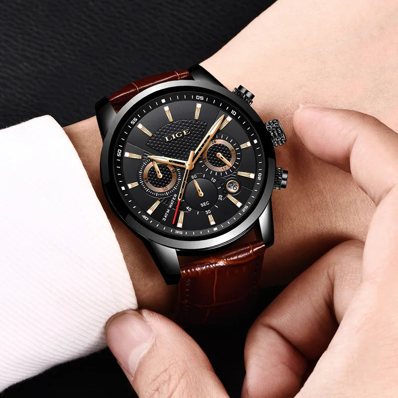 Fashion Men's Watches LIGE Top Brand Leather