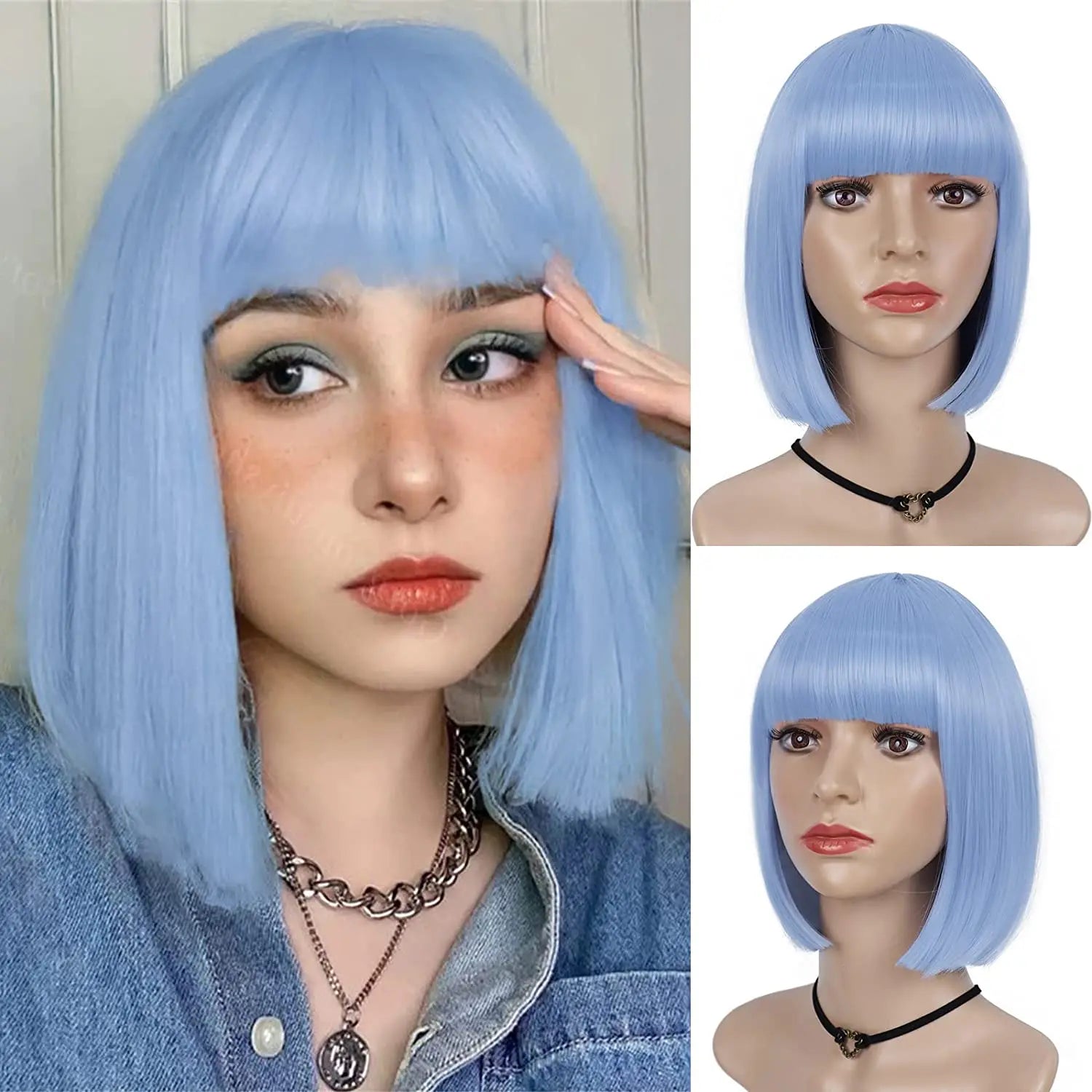 Synthetic 12 Inch Short Bob Black Wig With Bangs for Women