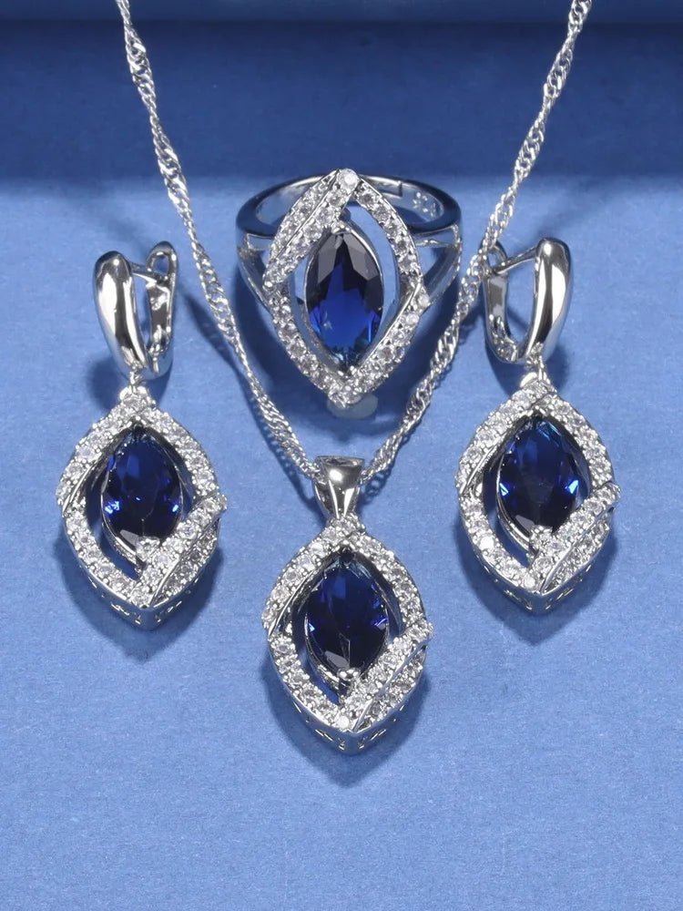 925 Silver Wedding Elegant Women Bridal Fine Jewelry With Natural Stone CZ Blue Bracelet Ring Earrings For Women Necklace Sets