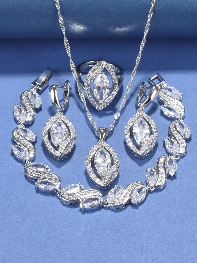 925 Silver Wedding Elegant Women Bridal Fine Jewelry With Natural Stone CZ Blue Bracelet Ring Earrings For Women Necklace Sets