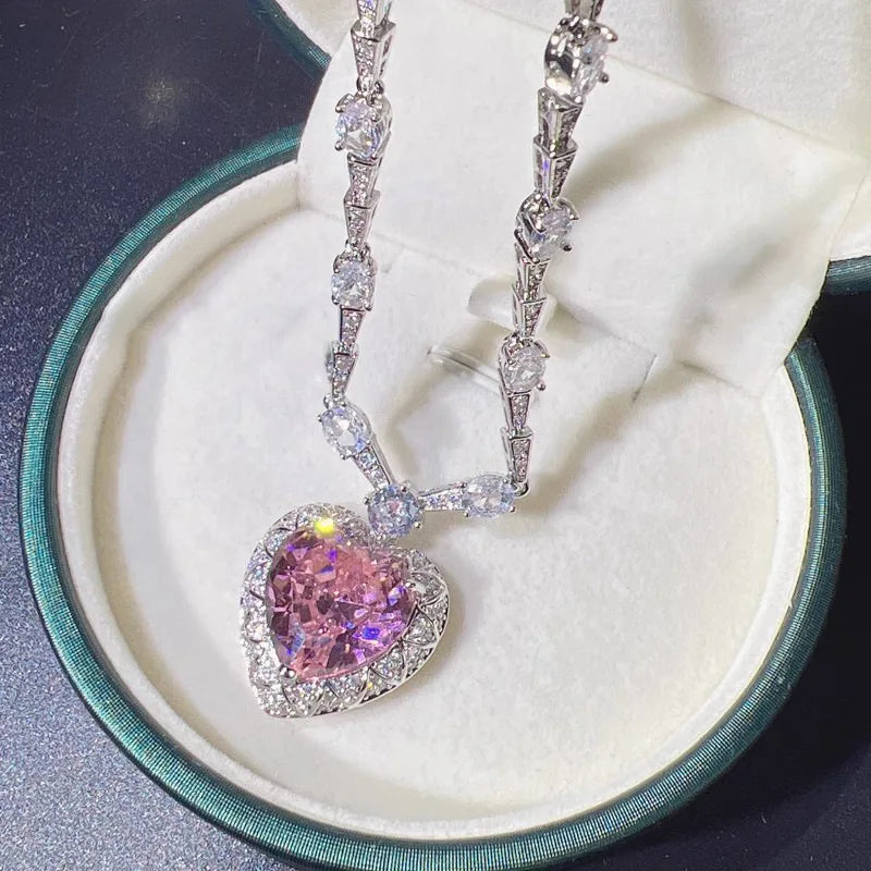 Foydjew 2023 New Trend European and American Fashion Pink Zircon Necklaces Heart-shaped Drop Earring Ring Jewelry Sets For Women
