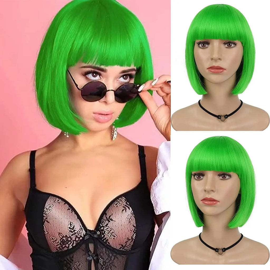 Synthetic 12 Inch Short Bob Black Wig With Bangs for Women