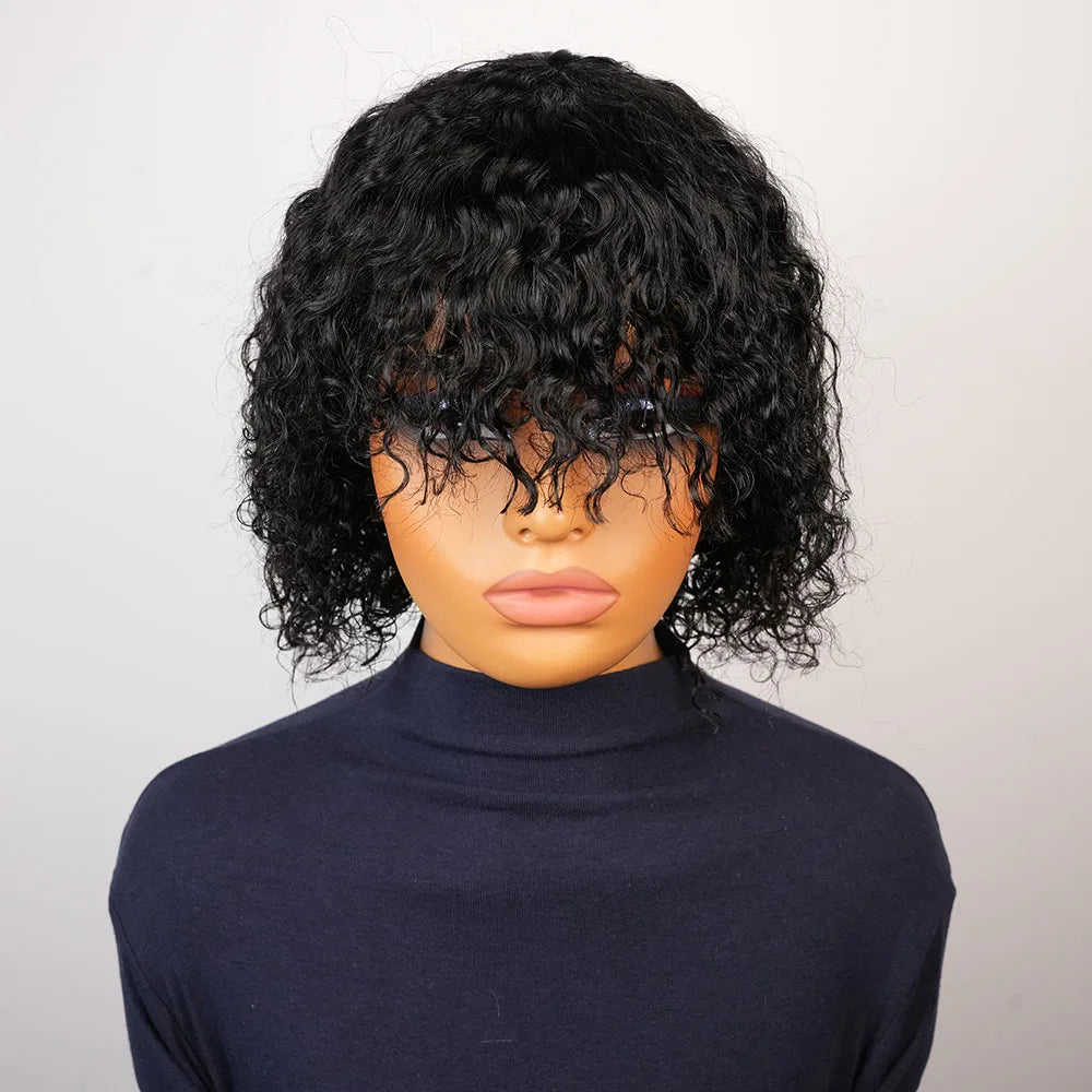 Kinky Curly Human Hair Wig with Bangs for Women