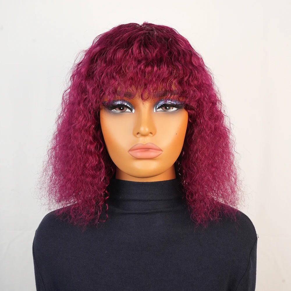 Kinky Curly Human Hair Wig with Bangs for Women