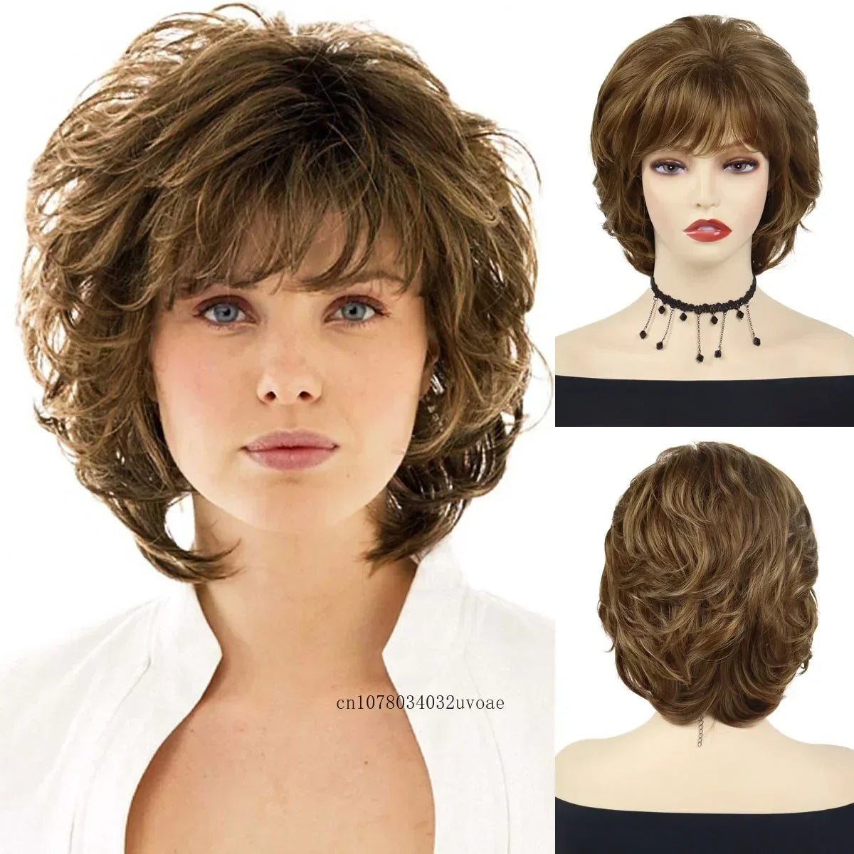 Brown Curly Wig with Bangs Synthetic Short Wigs for Women