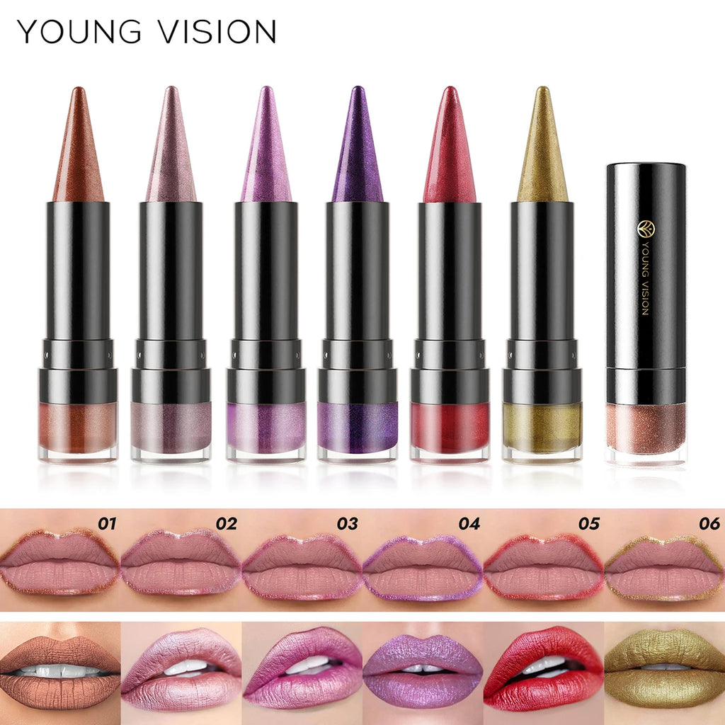 YOUNG VISION Six-Shade Matte Pearl Shimmer Dual-Effect Lipstick Waterproof, Non-Transfer Lipstick Cosmetics