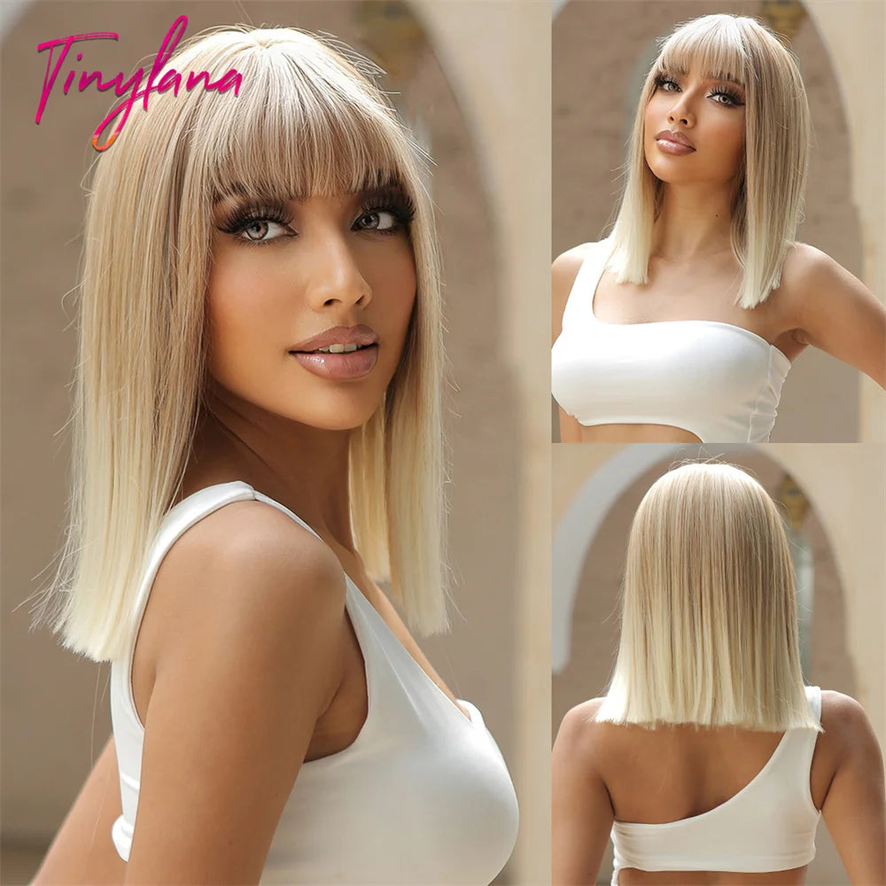 Light Brown Blonde Synthetic Wigs with Bangs for Women