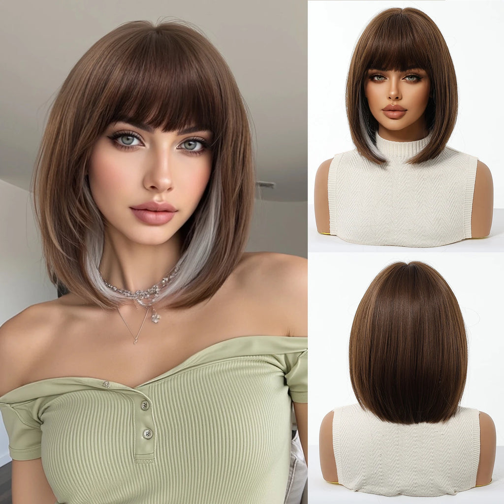 Light Brown Blonde Synthetic Wigs with Bangs for Women