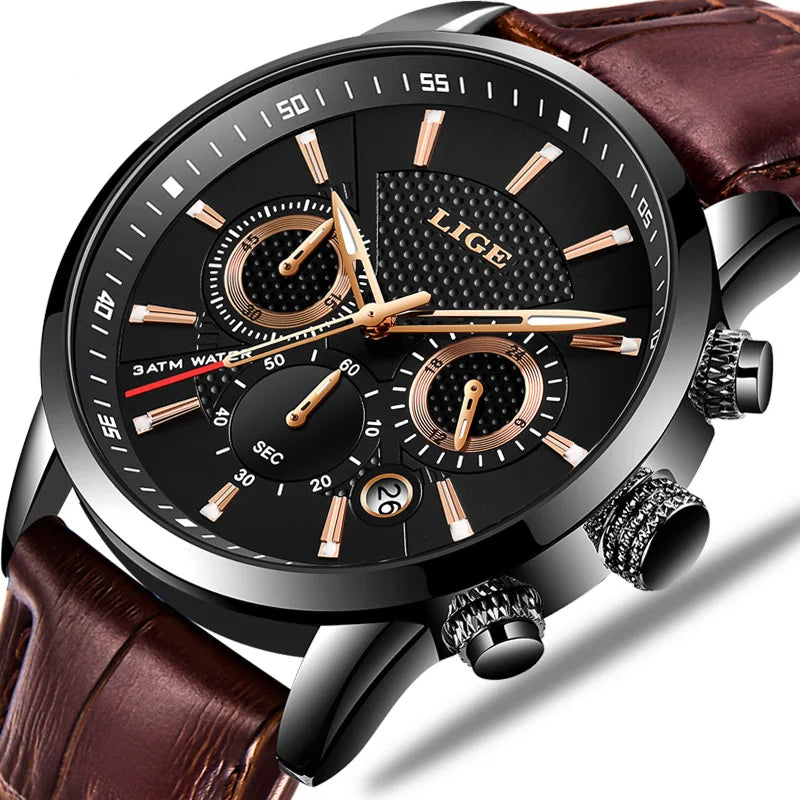 Fashion Men's Watches LIGE Top Brand Leather