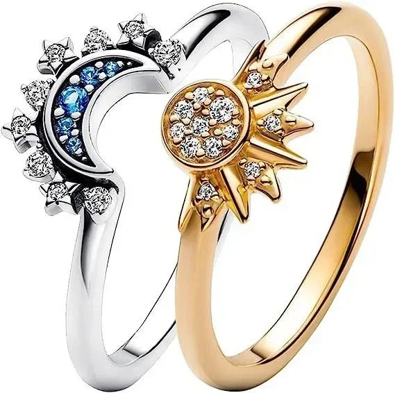 New Celestial Blue Sparkling Moon Sun Star Crystal Ring for Women Fashion Elegant Stackable Finger Band Party Jewelry Gifts