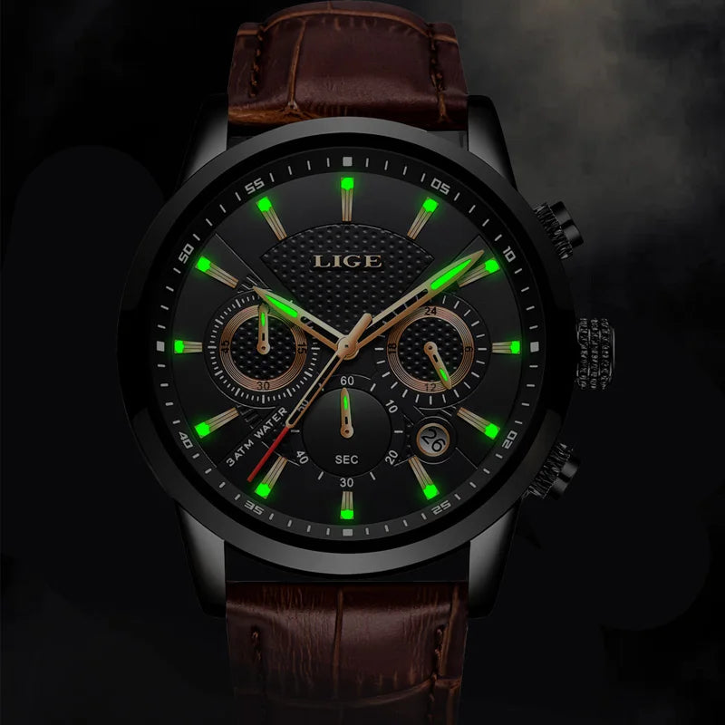 Fashion Men's Watches LIGE Top Brand Leather