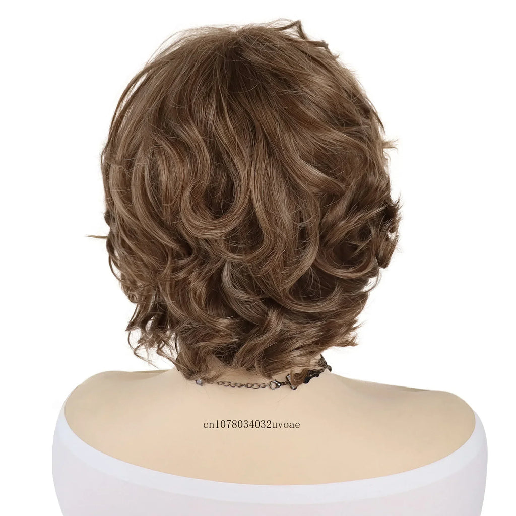 Brown Curly Wig with Bangs Synthetic Short Wigs for Women