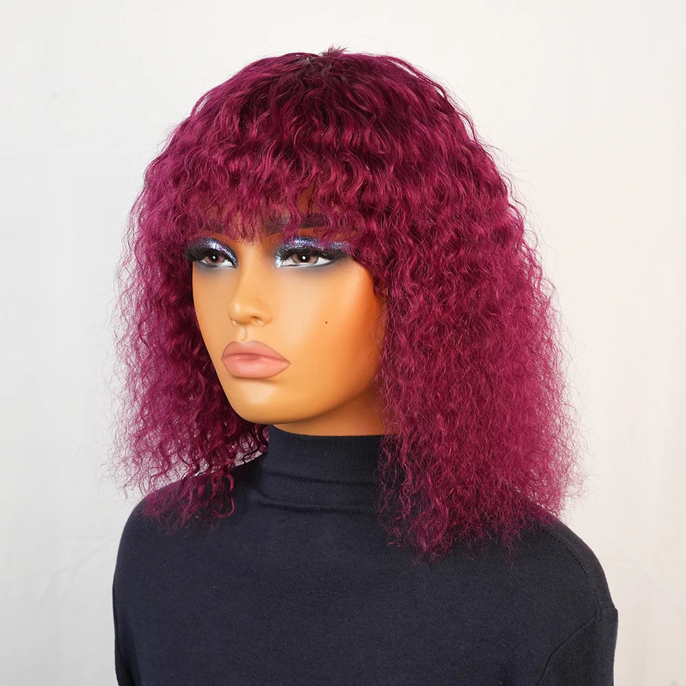 Kinky Curly Human Hair Wig with Bangs for Women
