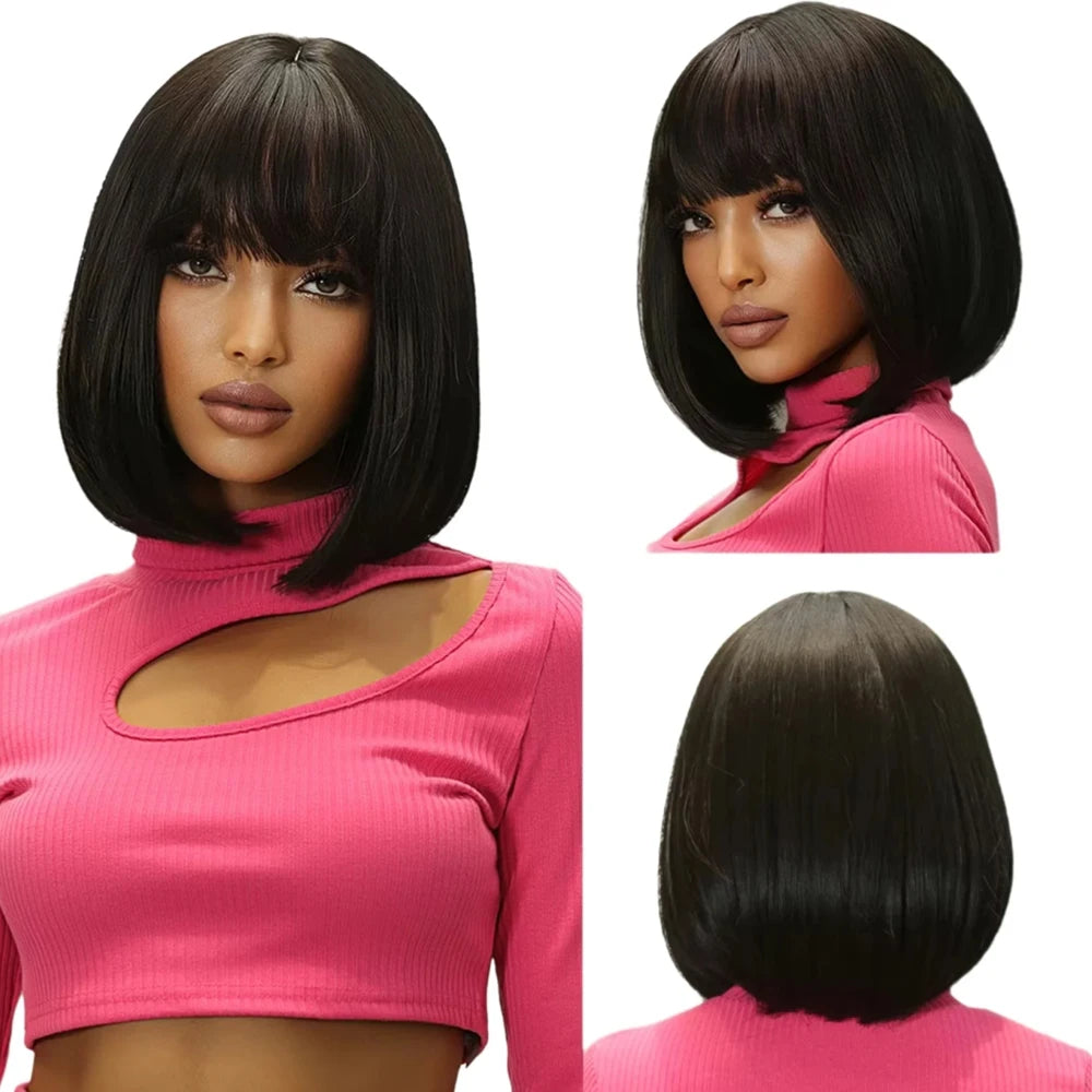 Synthetic 12 Inch Short Bob Black Wig With Bangs for Women