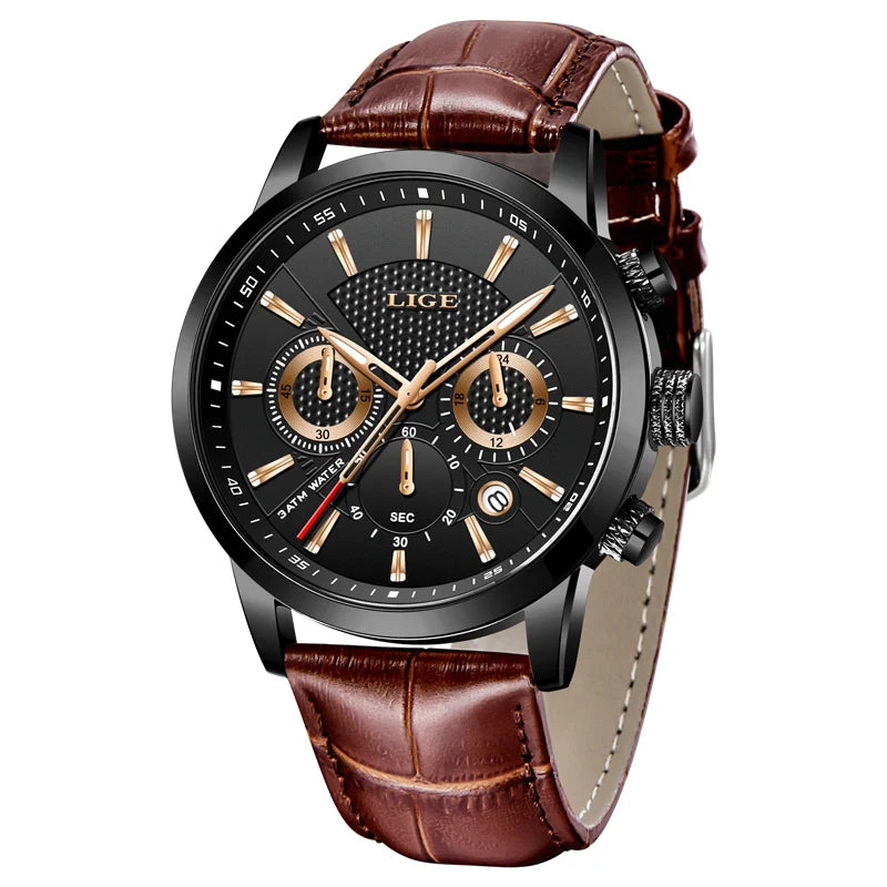 Fashion Men's Watches LIGE Top Brand Leather