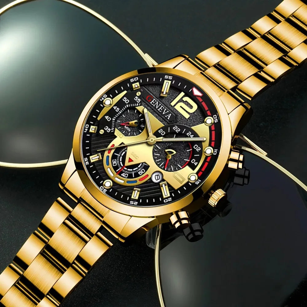 4pcs Luxury Men Business Quartz Watch Gold Alloy Roman with Calendar Wrist Watch Cross Necklace Bracelet Ring Set Men's Gift