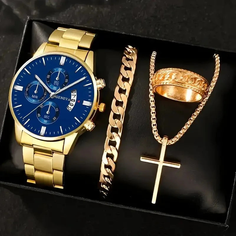 4pcs Luxury Men Business Quartz Watch Gold Alloy Roman with Calendar Wrist Watch Cross Necklace Bracelet Ring Set Men's Gift