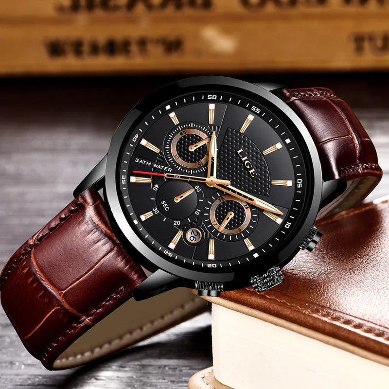 Fashion Men's Watches LIGE Top Brand Leather