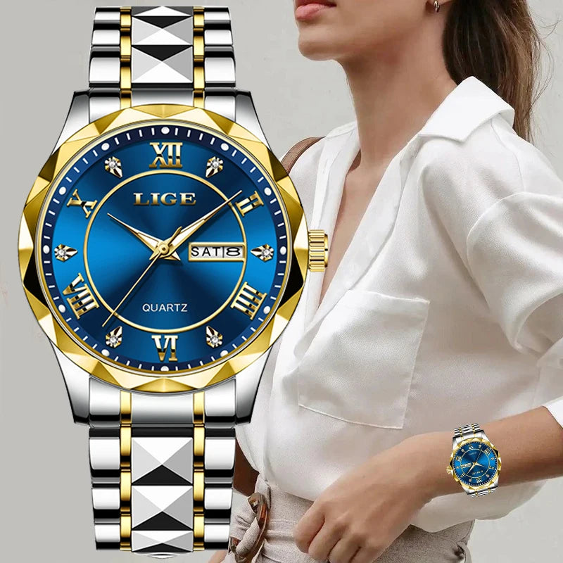 LIGE New Gold Watch Women Watches Ladies Creative Steel