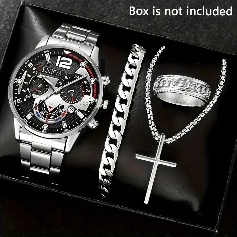 4pcs Luxury Men Business Quartz Watch Gold Alloy Roman with Calendar Wrist Watch Cross Necklace Bracelet Ring Set Men's Gift