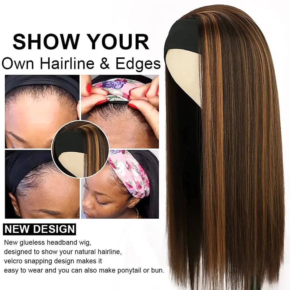 26-Inch Long Straight Headband Wig for Women Light Brown