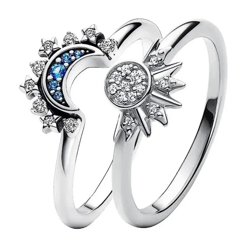 New Celestial Blue Sparkling Moon Sun Star Crystal Ring for Women Fashion Elegant Stackable Finger Band Party Jewelry Gifts