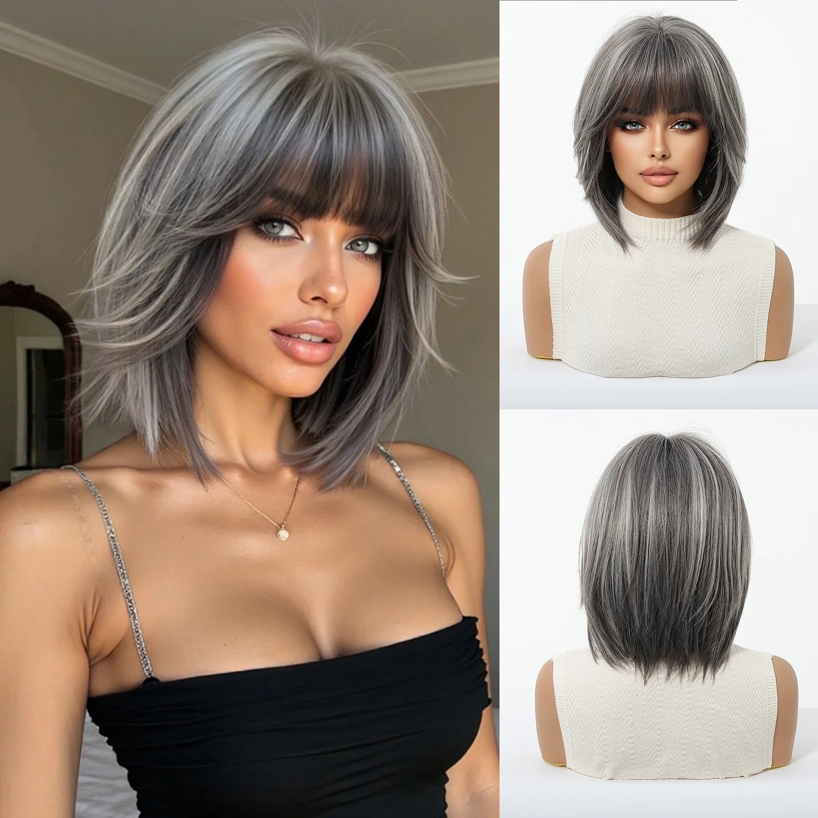 Light Brown Blonde Synthetic Wigs with Bangs for Women