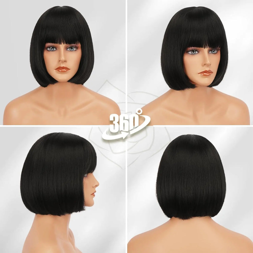 Synthetic 12 Inch Short Bob Black Wig With Bangs for Women