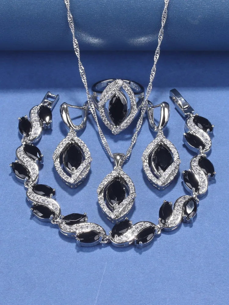 925 Silver Wedding Elegant Women Bridal Fine Jewelry With Natural Stone CZ Blue Bracelet Ring Earrings For Women Necklace Sets