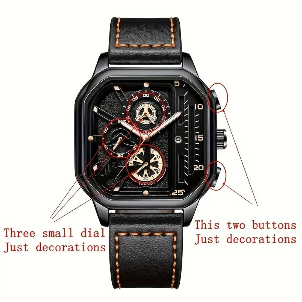 Luxury Big Dial Men Square Watch Casual PU Leather