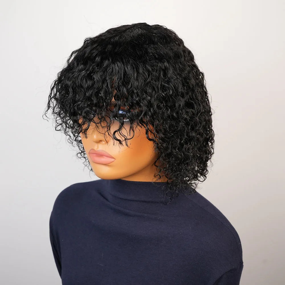 Kinky Curly Human Hair Wig with Bangs for Women