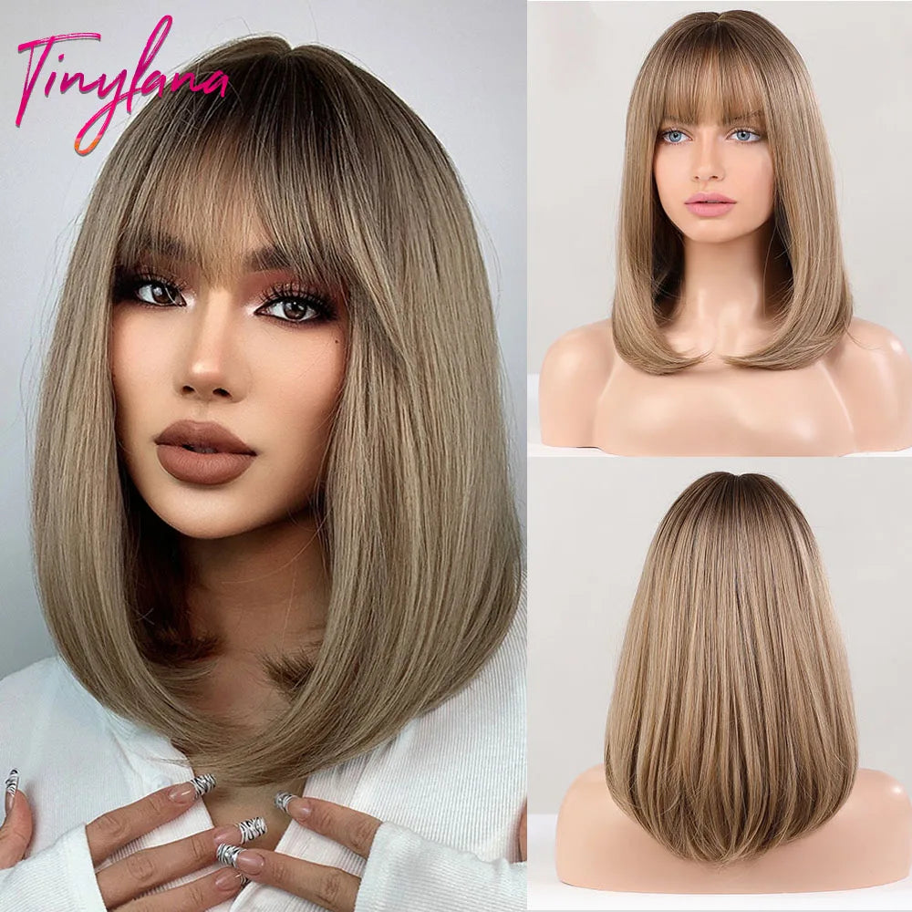 Light Brown Blonde Synthetic Wigs with Bangs for Women
