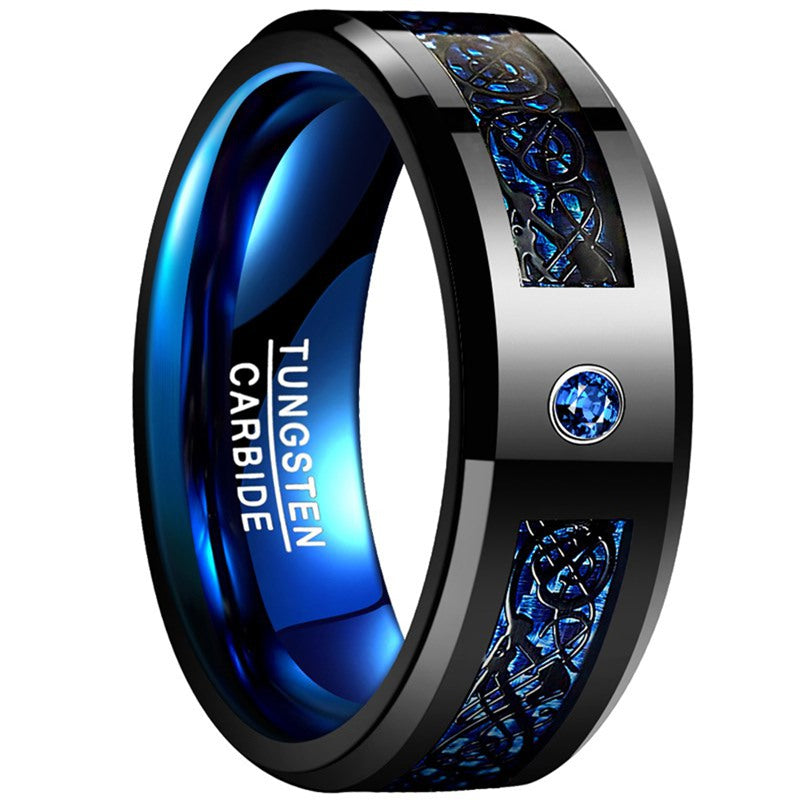 8Mm Wide Inlaid Black Dragon Pattern Blue Carbon Fiber Men'S Tungsten Ring USA Size 7-14, Without Battery
