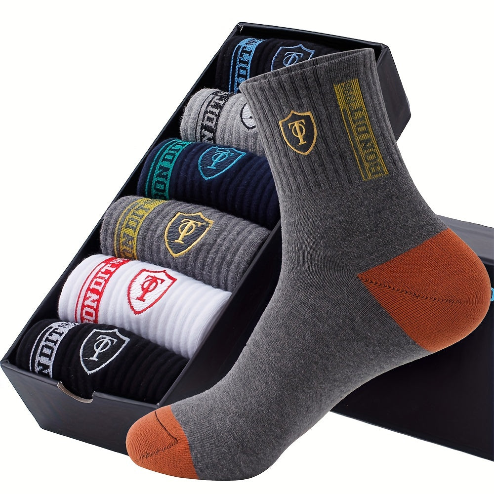 [Breathable Crew Socks] 6pcs LIJIE Men's Breathable Crew Socks | Comfortable Polyester & Spandex Blend, Casual Business Style with Letter Print, Assorted Colors, Versatile Dress Socks