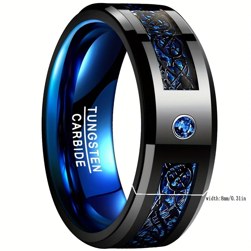 8Mm Wide Inlaid Black Dragon Pattern Blue Carbon Fiber Men'S Tungsten Ring USA Size 7-14, Without Battery