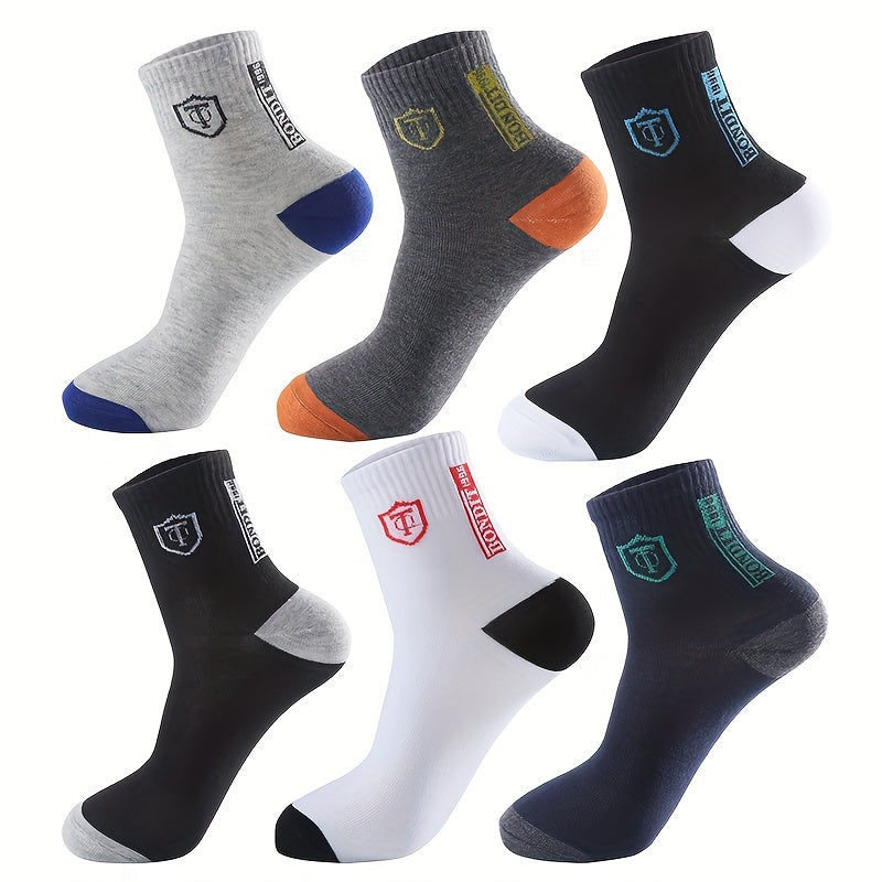 [Breathable Crew Socks] 6pcs LIJIE Men's Breathable Crew Socks | Comfortable Polyester & Spandex Blend, Casual Business Style with Letter Print, Assorted Colors, Versatile Dress Socks